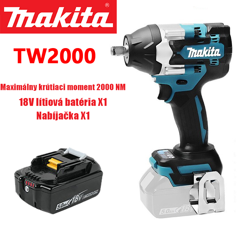 [Makita TW2000] tělo + 1 baterie + 1 nabíječka, maximální točivý moment 2000NM, 18V velkokapacitní lithiová baterie lze používat 15 hodin v kuse, sleva 50% během akce